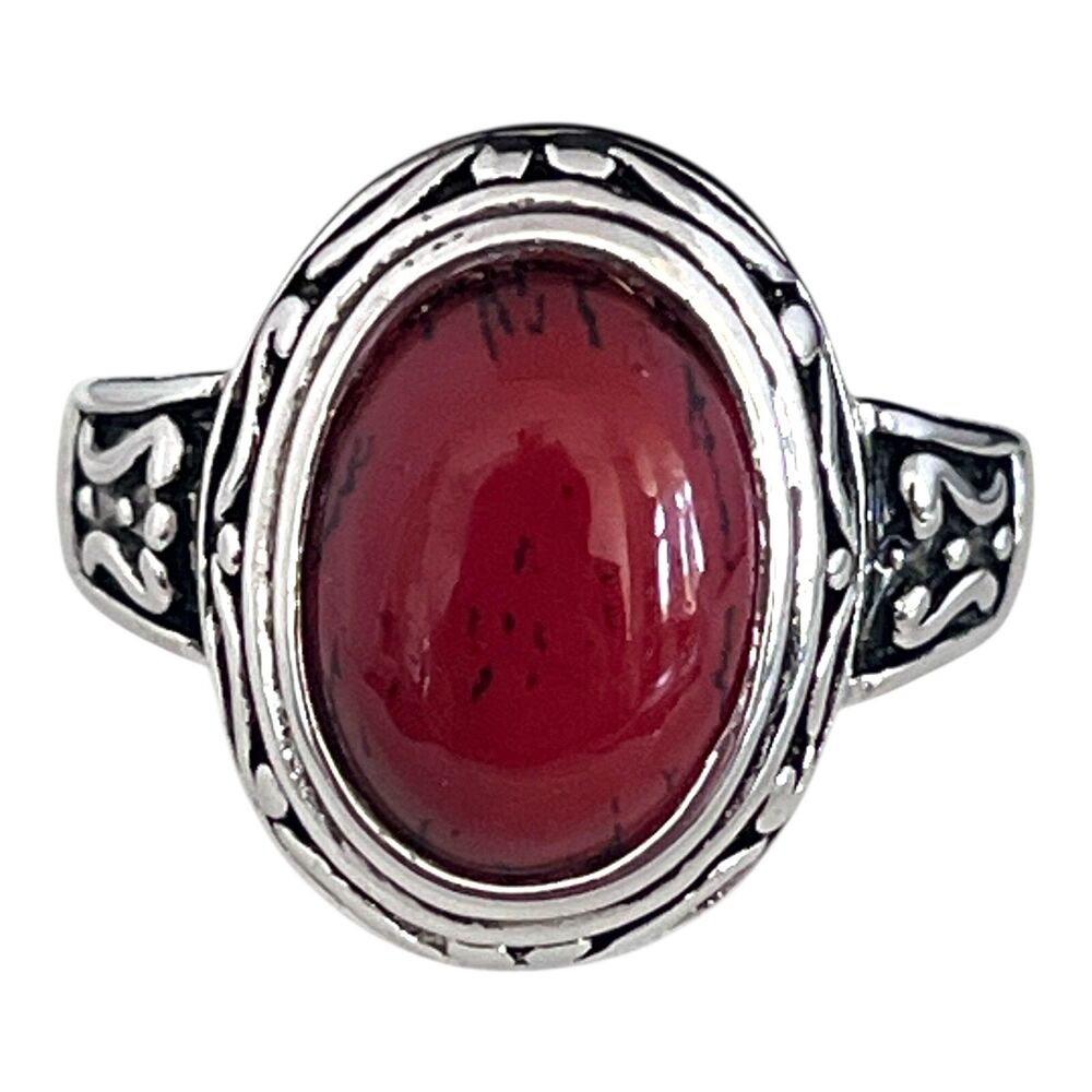 New Premier Designs Ring Size 6 Antiqued Silver Tone Red Cabochon  9M